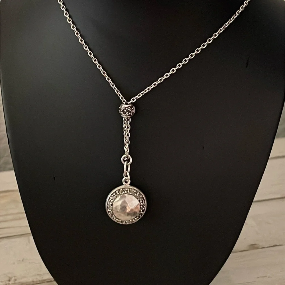 Lois Hill Sterling Silver Y Drop Pendant Necklace Hammered Filigree 925